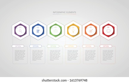 Colourful hexagon infographic, vector illustration with 6 options, text boxes can be used for timeline business, education, plan, workflow or diagrams   