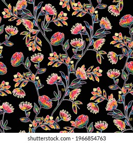 Colourful High contrast hand drawn and painted meadow floral seamless pattern vector,Design for fashion , fabric, textile, wallpaper, cover, web , wrapping and all prints on Black