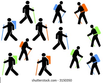 colourful hikers with walking poles and backpacks