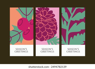 Colourful holiday greeting cards with bold designs featuring berries, pine cones, and leaves in vibrant pink, purple, and green tones. Perfect for sending festive wishes with a modern touch.