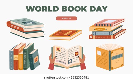 Colourful horizontal banner for World Book Day with different cartoon books in hands, pile. Playful holiday poster with detective, love story, encyclopedia for social media, website background.