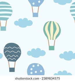 colourful hot air balloon seamless pattern. Childish design for girl or boy. Good for fabric print, baby room wallpaper, background, etc