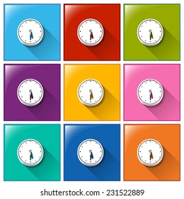 Colourful icons with wall clocks on a white background 