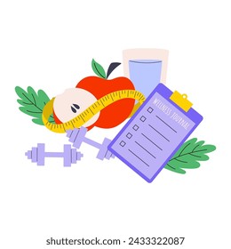 Colourful illustration of apples, centimeter tape, water and dumbbels. Handdrawn vector healthy lifestyle and weight loss concept.