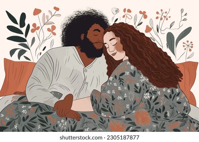 Colourful Illustration of Couple In Love in Bed Cuddling