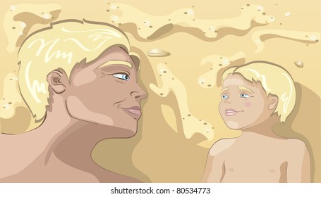 colourful illustration of happy young dad and little son on the beach