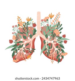 Colourful illustration of human lungs full of flowers and leaves. No tobacco day handdrawn vector concept.