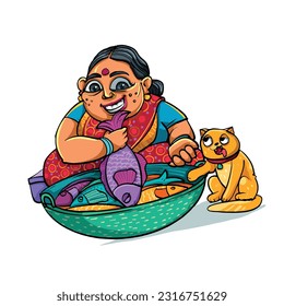 Colourful illustration of Indian fish seller