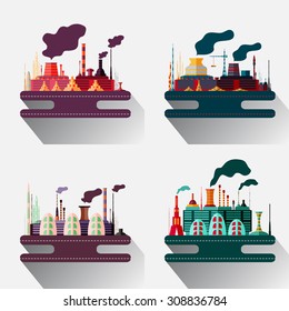 Colourful illustration of an industrial factory with the long shadow in flat design style.