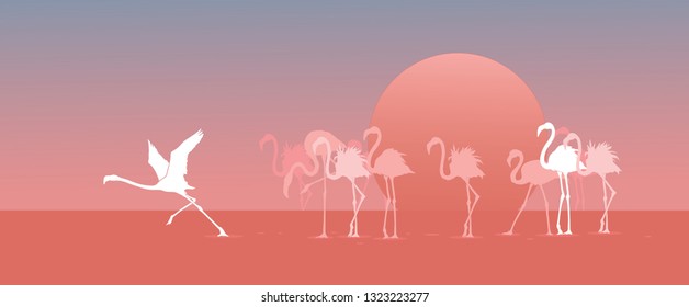 Colourful illustration of a small flock of flamingos silhouettes, looking retro, eighties style, standing in the red sunset.