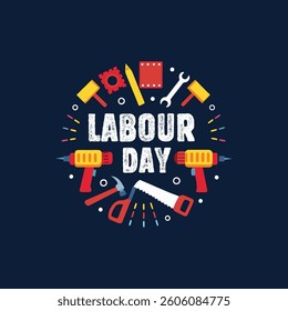 A colourful illustration symbolizing Labour Day with tools and hard work.