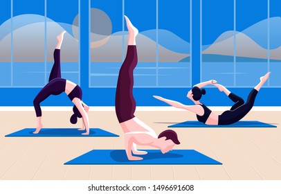 Colourful illustration with young people in yoga position 