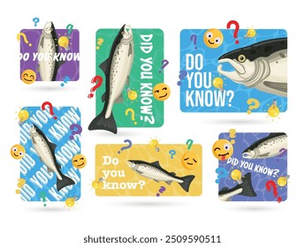 Colourful illustrations feature salmon fish and fun questions, inviting viewers to learn interesting facts about the aquatic life of these fish.