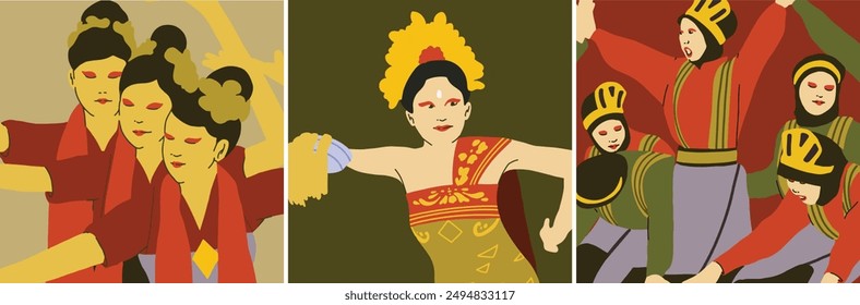 Colourful illustrations of traditional dancers in vibrant costumes. Perfect for cultural decor, educational materials, and graphic projects. Adds a dynamic and artistic touch.