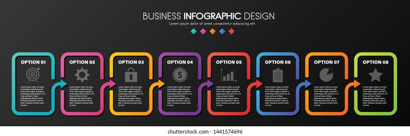 Colourful infograph with 8 options. Diagram. Vector