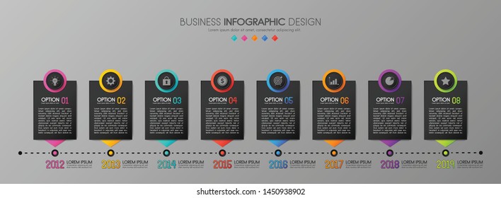 Colourful infograph - timeline with 8 steps. Vector