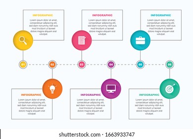 Colourful infographic with 6 text boxes or options can be used for business, start up, education or technology 