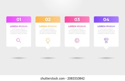 Pasos infográficos coloridos con cuadros de texto. Concepto de negocio con 4 pasos.