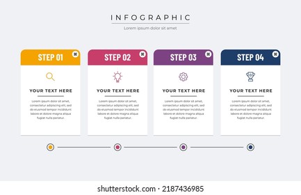 Pasos infográficos coloridos con cuadros de texto. Concepto de negocio con 4 pasos. Diseño infográfico de la línea de tiempo.
