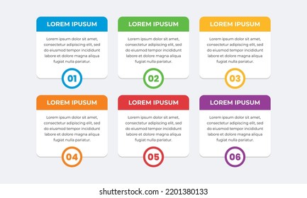 Colourful infographic steps with text boxes. Business concept with 6 steps.