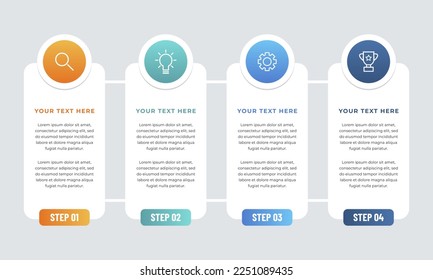 Pasos infográficos coloridos con cuadros de texto. Concepto de negocio con 4 pasos.