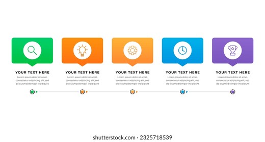 Pasos infográficos coloridos con cuadros de texto. Concepto de negocio con 5 pasos.