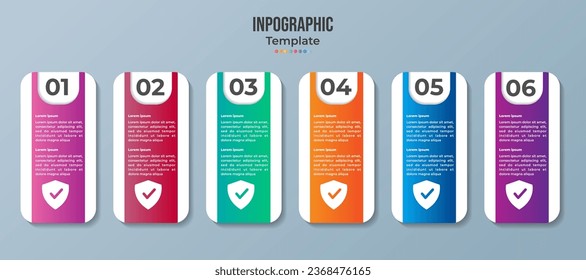 Pasos infográficos coloridos con cuadros de texto. Concepto de negocio con 6 pasos