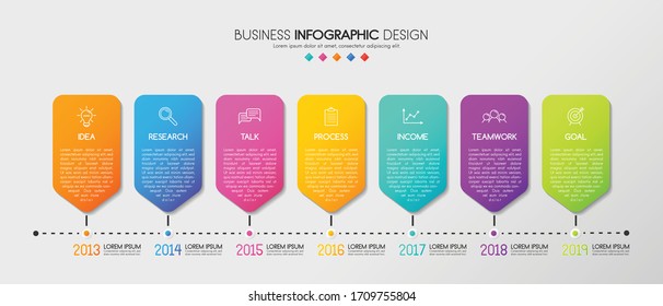 Colourful infographic template with 7 options and business icons. Vector