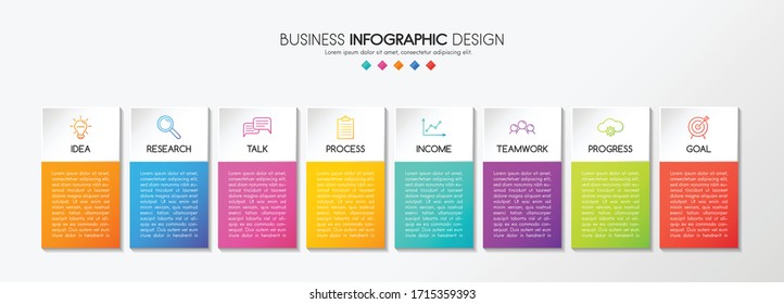 Farbige Infografik-Vorlage mit 8 Optionen. Ablaufdiagramm. Vektorillustration 