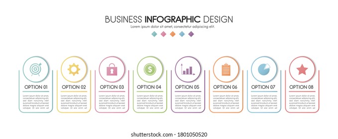 Farbige Infografik-Vorlage mit 8 Optionen. Ablaufdiagramm. Vektorgrafik