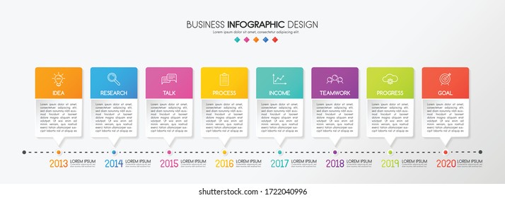 Colourful infographic template with business icons and 8 options. Timeline. Vector