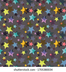 Colourful irregular stars on dark background. Pattern for fabric, backgrounds, wrapping, textile, wallpaper, apparel. Vector illustration