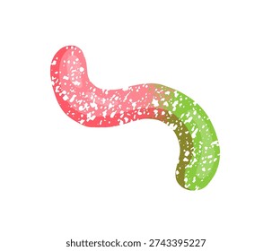 Colourful jelly worm. Gummy candy with sour flavor and sprinkled with powdered sugar. Fruit marmalade. Soft gelatin sweet. Chewing confectionery. Flat isolated vector illustration on white background