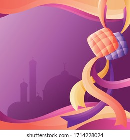 Colourful Ketupat Vector Illustration for Muslim Eid Mubarak Celebration With Wave and Mosque Background