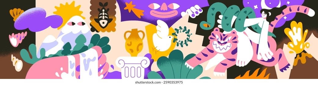 Colourful kids mural. Funny banner with abstract characters from dream, imagination. Design of fantasy wall art, whimsical background for nursery. Crazy childish backdrop. Flat vector illustration