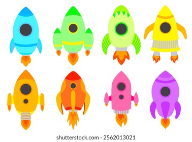 Colourful kids rockets set of illustrations. Spacecraft types, jet, spaceship galaxy children design