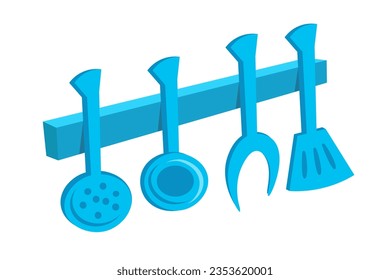 Colourful kitchen tools. Cartoon items isolated on white background for design. Scoop, fork, spoon. Vector illustration. 