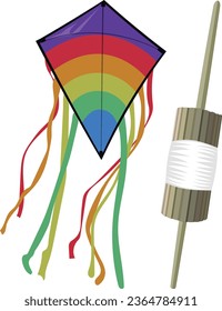 Colourful kite and string illustration. Realistic kite Illustration.