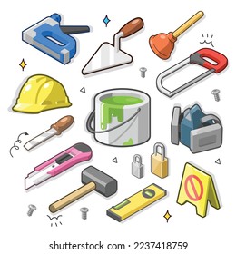 Colourful labour tool vector graphics with hard hat, plunger, saw, paint bucket, Stanley knife, hammer, tape measure, lock, screw and chisel icons.