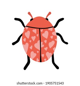 Pajarito colorido. Esbozo de ladybug de dibujos animados con corazones. Una mujer amable y encantadora vuela sobre fondo blanco. Hermoso insecto de colores rojos.