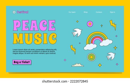 A colourful landing page template in the groovy style. A positive outlined illustration with rainbow, dove, flowers and clouds.