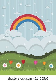 colourful landscape background with big rainbow