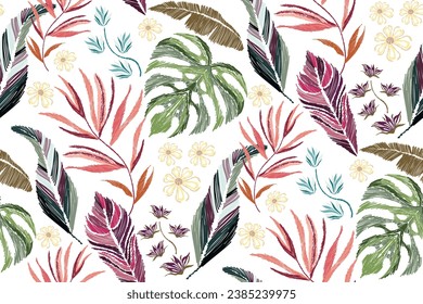 Floral Ikat patrón bordado flores tropicales diseño de la jungla africana ilustración del vector dibujado a mano