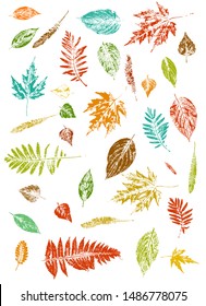 Colourful leaves. Pattern of autumn leaves stamps of different colours. Pop-art design. Fall motif Fall motif for notebook cover, poster, wrapping paper.