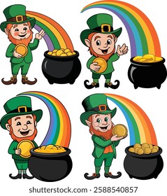 Colourful Leprechaun Illustrations with Pot of Gold and Rainbows