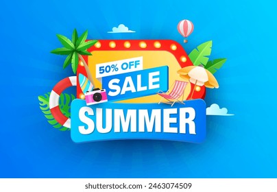 Colourful light bulb style summer board with blue background. Composition of beach chair, surfing board, safety ring, beach umbrella, tropical plant. Summer holiday sale promotion concept.