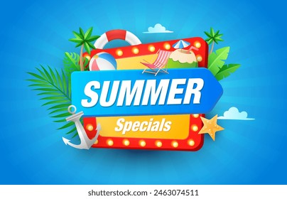 Colourful light bulb style summer board with blue background. Composition of beach chair, coconut water, ball, safety ring, anchor, starfish, tropical plant. Summer holiday sale promotion concept.