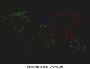Colourful line world map, Isolated on dark background.
