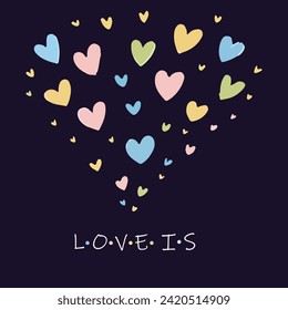 Colourful love hearts bouquet on a dark navy background. Love is. Valentine's day love card. Vector illustration