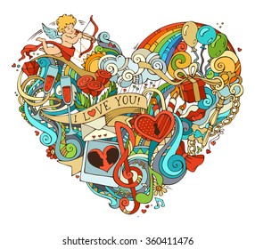 Colourful love poster template with hand-drawn doodles elements. Vector illustration for your romantic background. Cupid, gift, balloons, ring, swirls and ribbons, music notes and others symbols. 